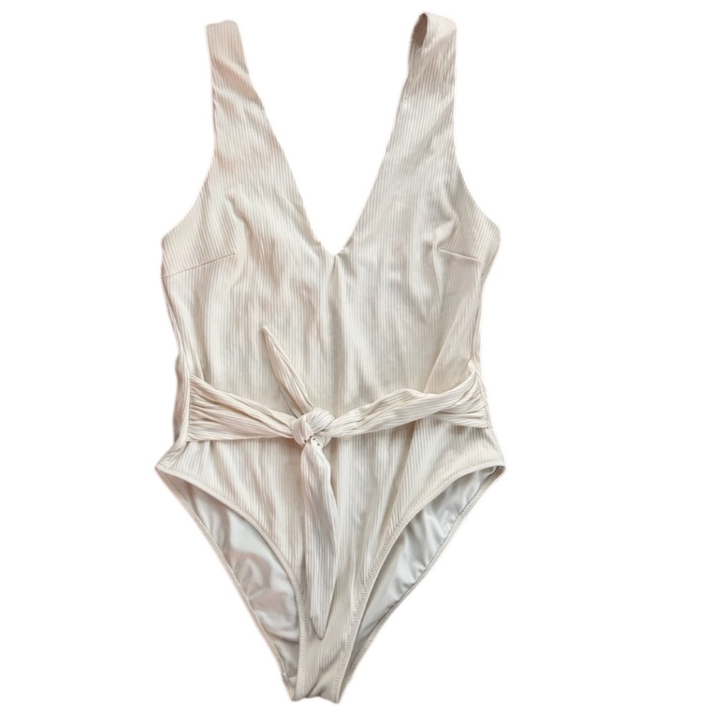 H&M Ribbed Plunge V Neck Tie Waist One Piece Swimsuit Cream Ivory Classic | Sz M